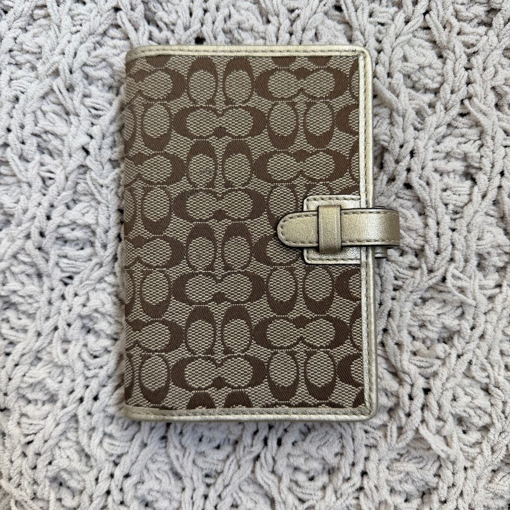Coach Brown Signature mini Canvas passport /agenda cover with Metallic Gold Trim